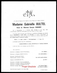 Gabrielle BULTEL veuve de Georges DAMAREZ, décédée à Hazebrouck, le 01 Juin 1968 (85 ans).